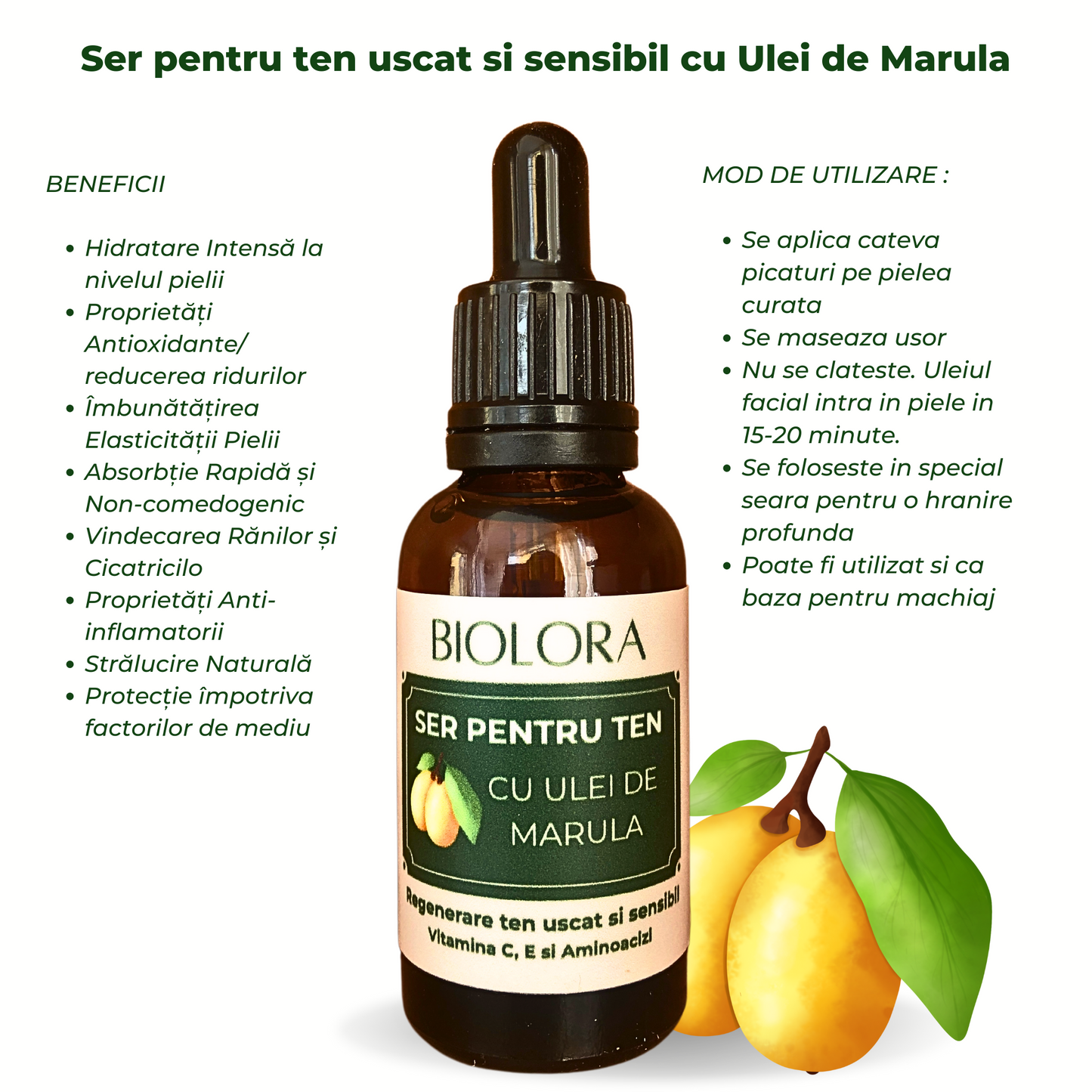 Ser pentru ten uscat si sensilbil Biolora, cu Ulei de Marula, 30 ml