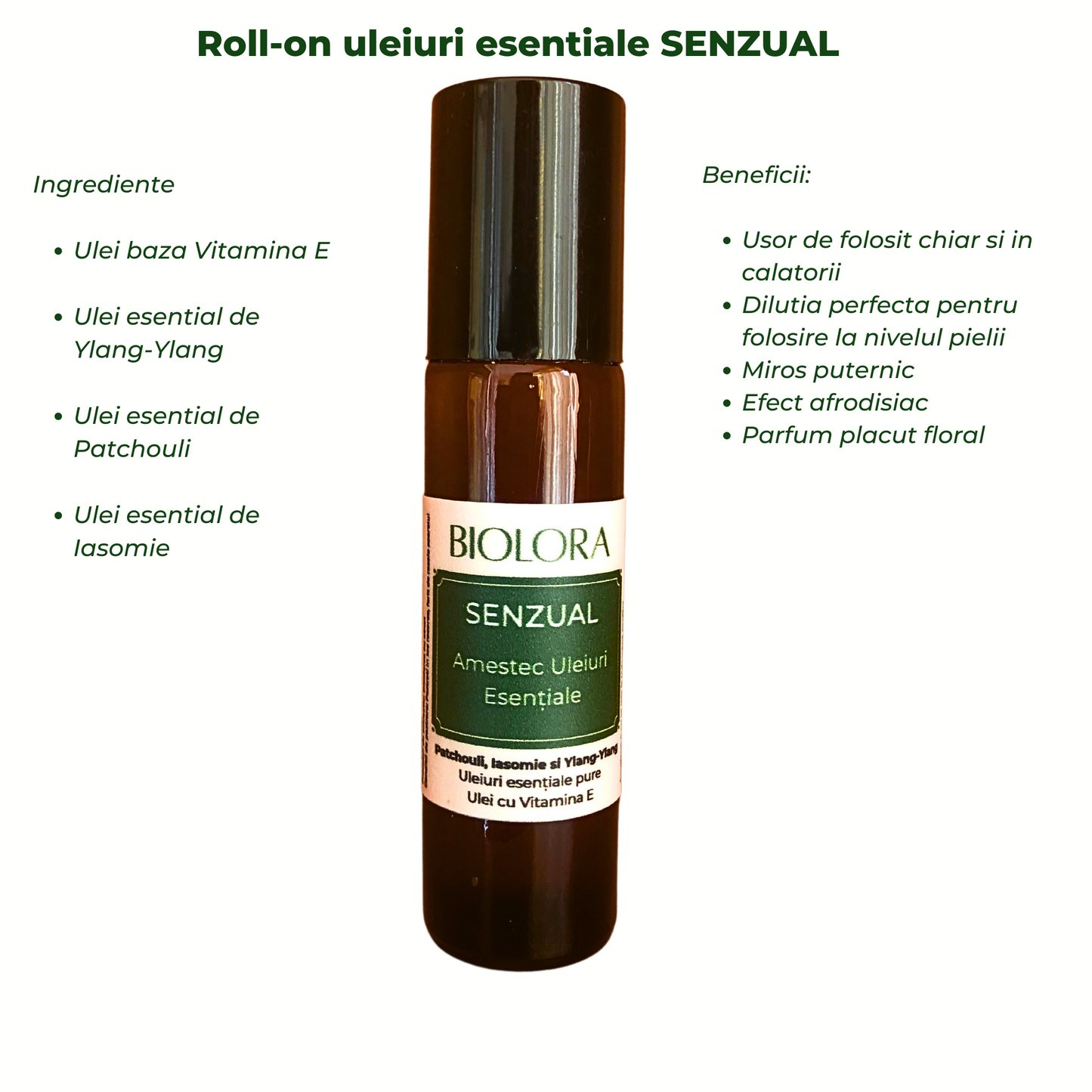 Roll-on uleiuri esentiale Biolora efect Senzual (arome patchouli, iasomie, ylang), 10ml
