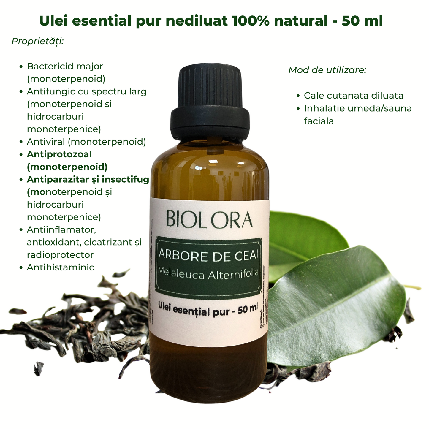 Ulei Esential de Arbore de Ceai/Tea Tree/Melaleuca Biolora, aromaterapie, puritate 100%, nediluat, 50 ml