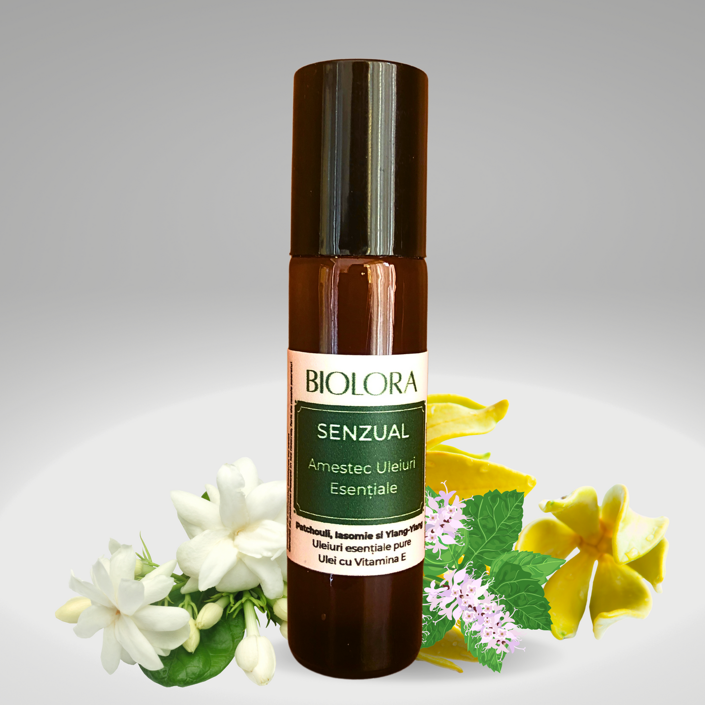 Roll-on uleiuri esentiale Biolora efect Senzual (arome patchouli, iasomie, ylang), 10ml