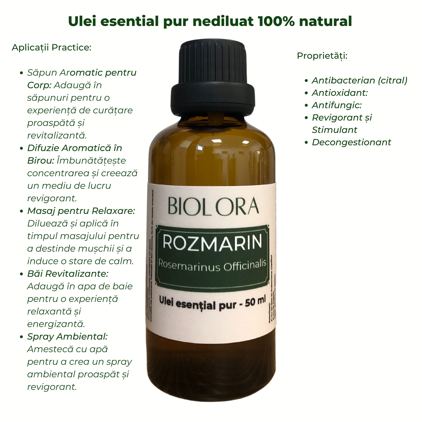 Ulei Esential de Rozmarin Biolora, aromaterapie, puritate 100%, nediluat, 50 ml