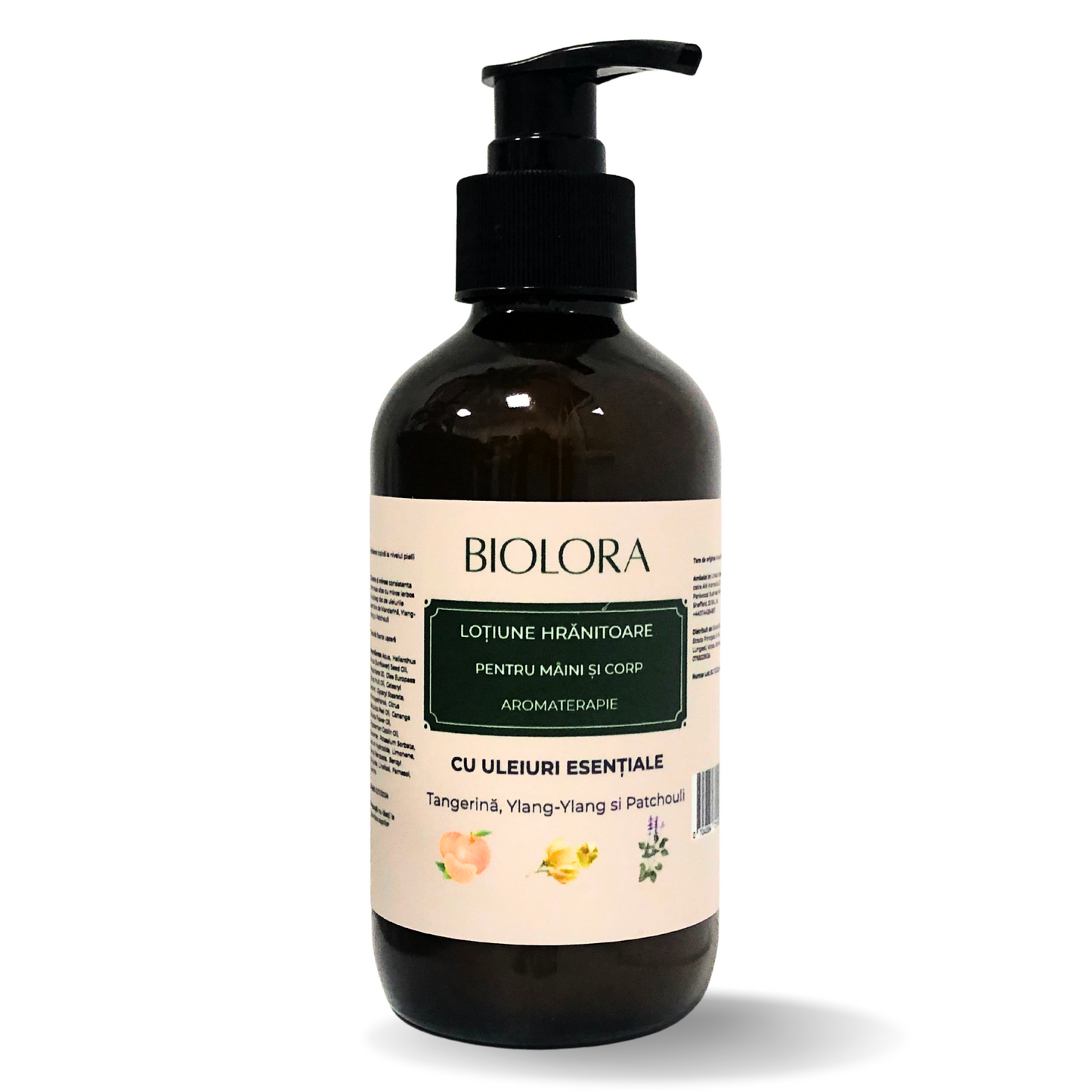 Lotiune de Maini și Corp Biolora cu Efect de Hranire și Uleiuri Esențiale de Tangerină, Ylang-Ylang și Patchouli, 250 ml