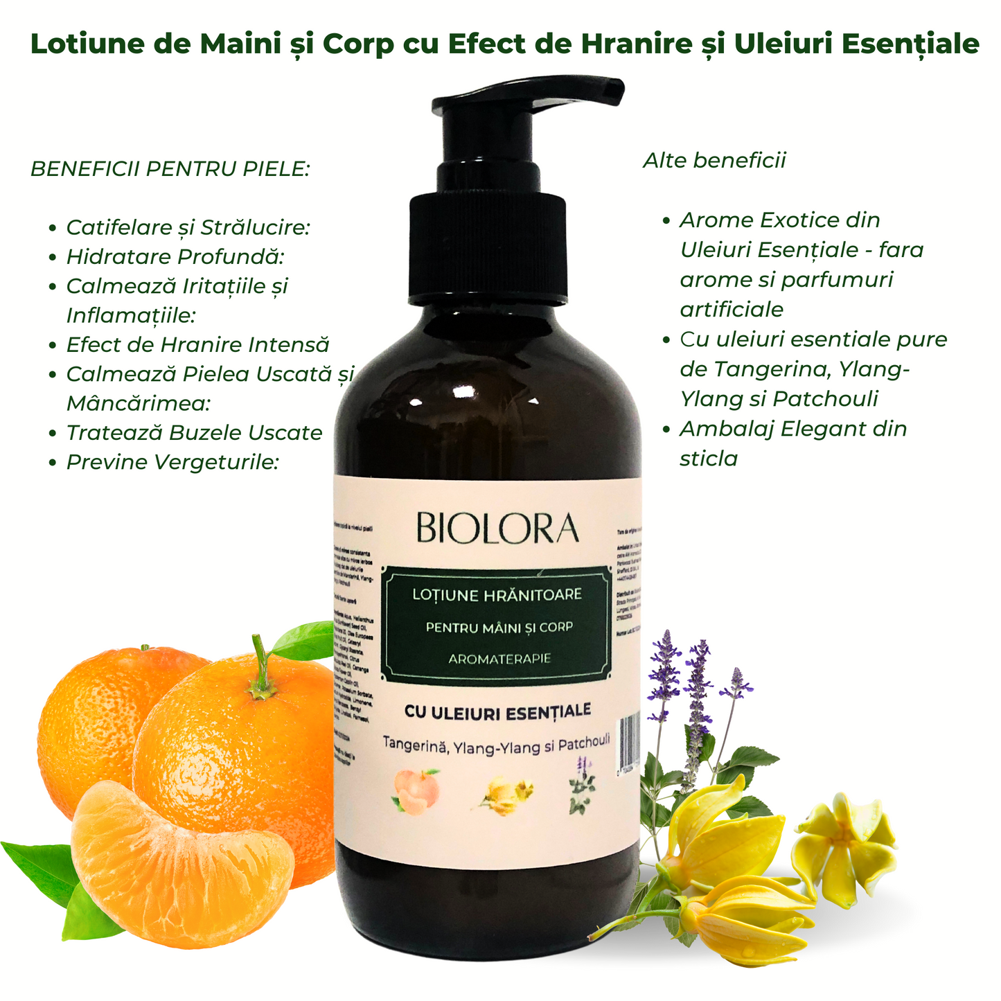 Lotiune de Maini și Corp Biolora cu Efect de Hranire și Uleiuri Esențiale de Tangerină, Ylang-Ylang și Patchouli, 250 ml