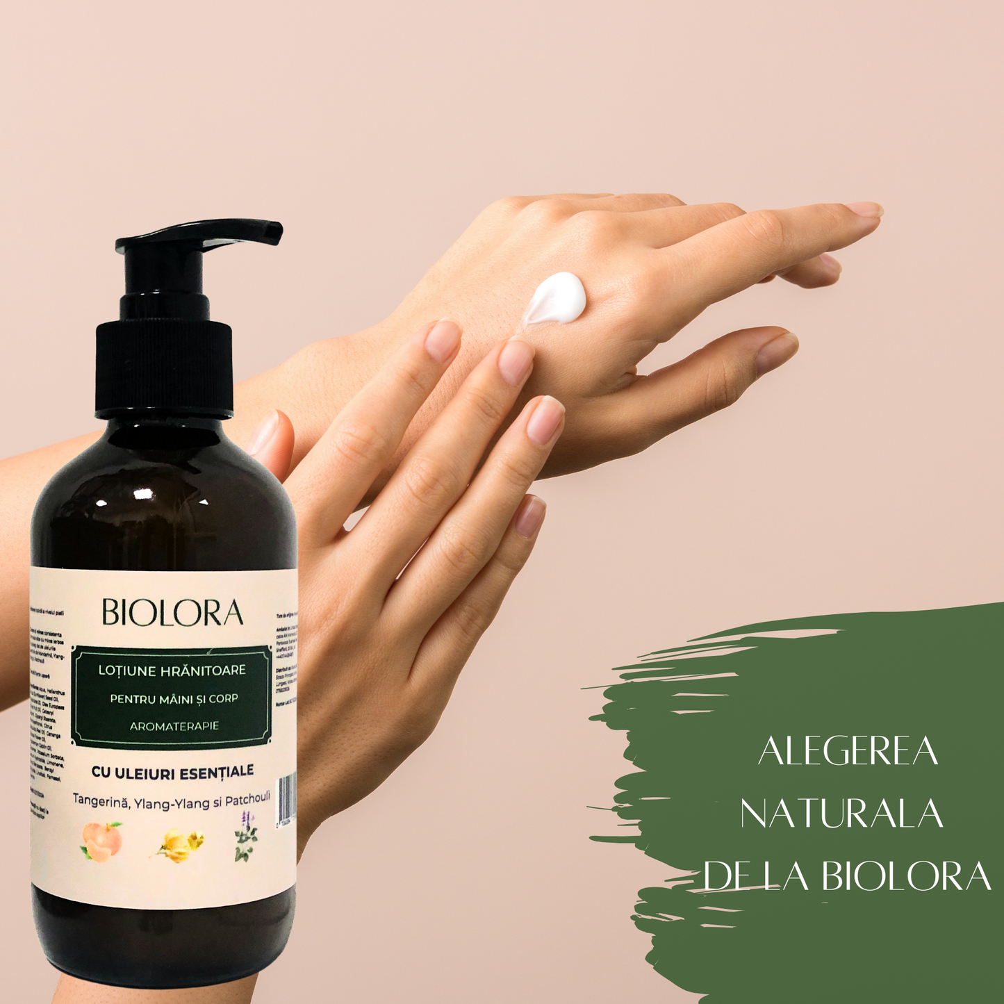 Lotiune de Maini și Corp Biolora cu Efect de Hranire și Uleiuri Esențiale de Tangerină, Ylang-Ylang și Patchouli, 250 ml
