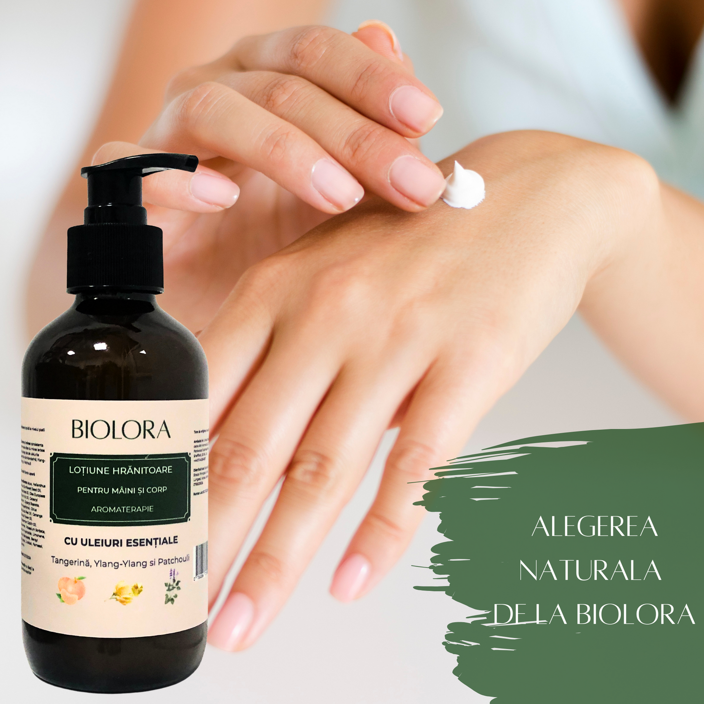 Lotiune de Maini și Corp Biolora cu Efect de Hranire și Uleiuri Esențiale de Tangerină, Ylang-Ylang și Patchouli, 250 ml