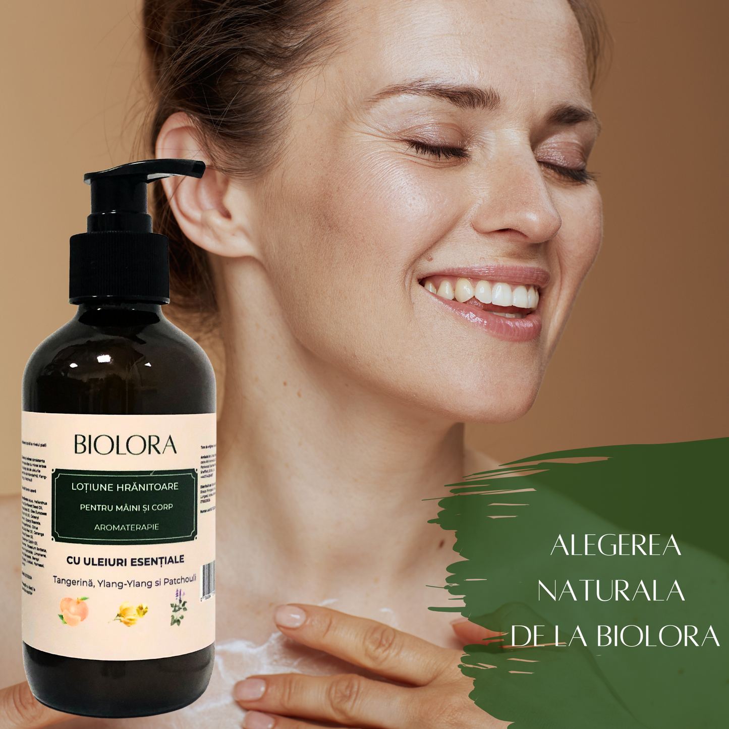 Lotiune de Maini și Corp Biolora cu Efect de Hranire și Uleiuri Esențiale de Tangerină, Ylang-Ylang și Patchouli, 250 ml