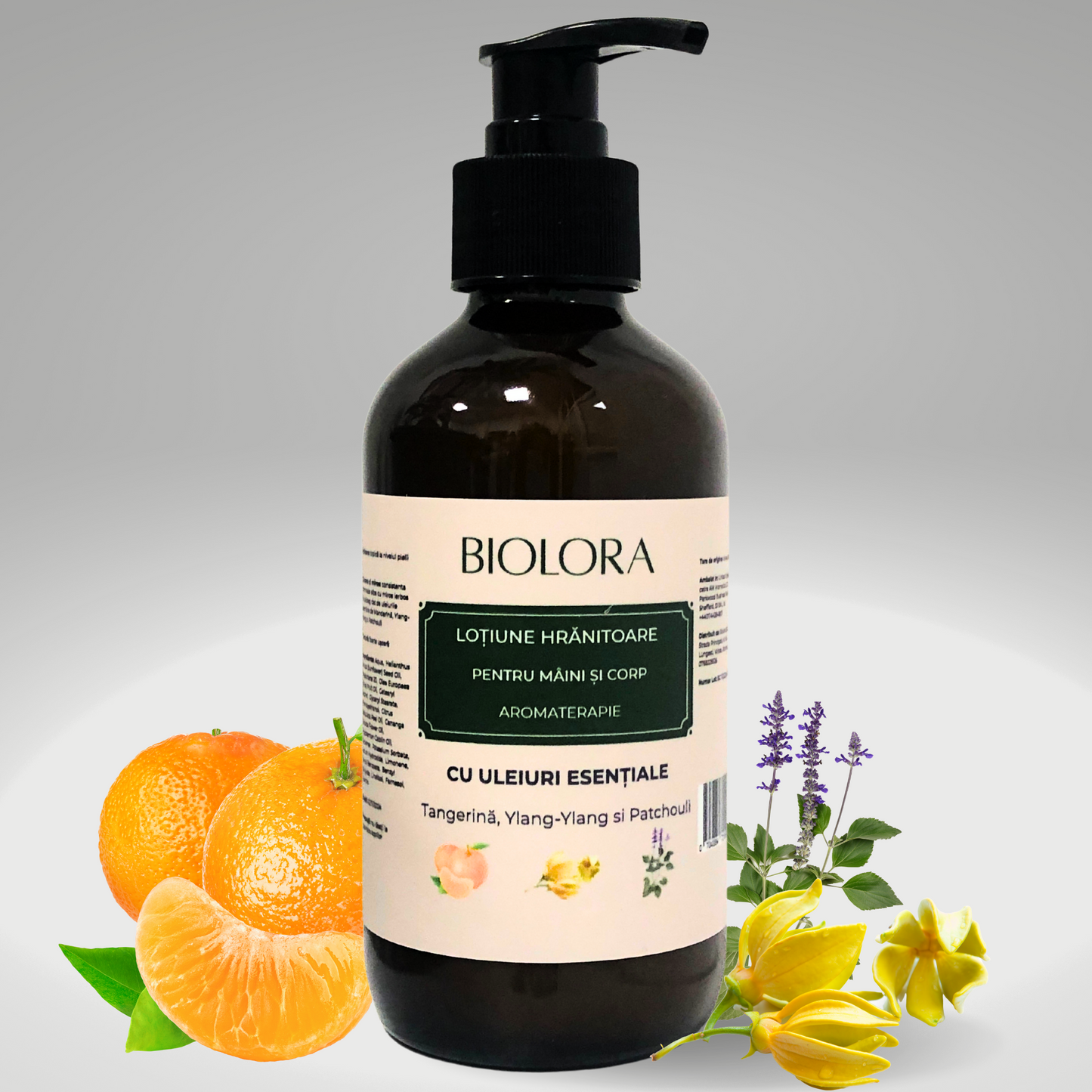 Lotiune de Maini și Corp Biolora cu Efect de Hranire și Uleiuri Esențiale de Tangerină, Ylang-Ylang și Patchouli, 250 ml