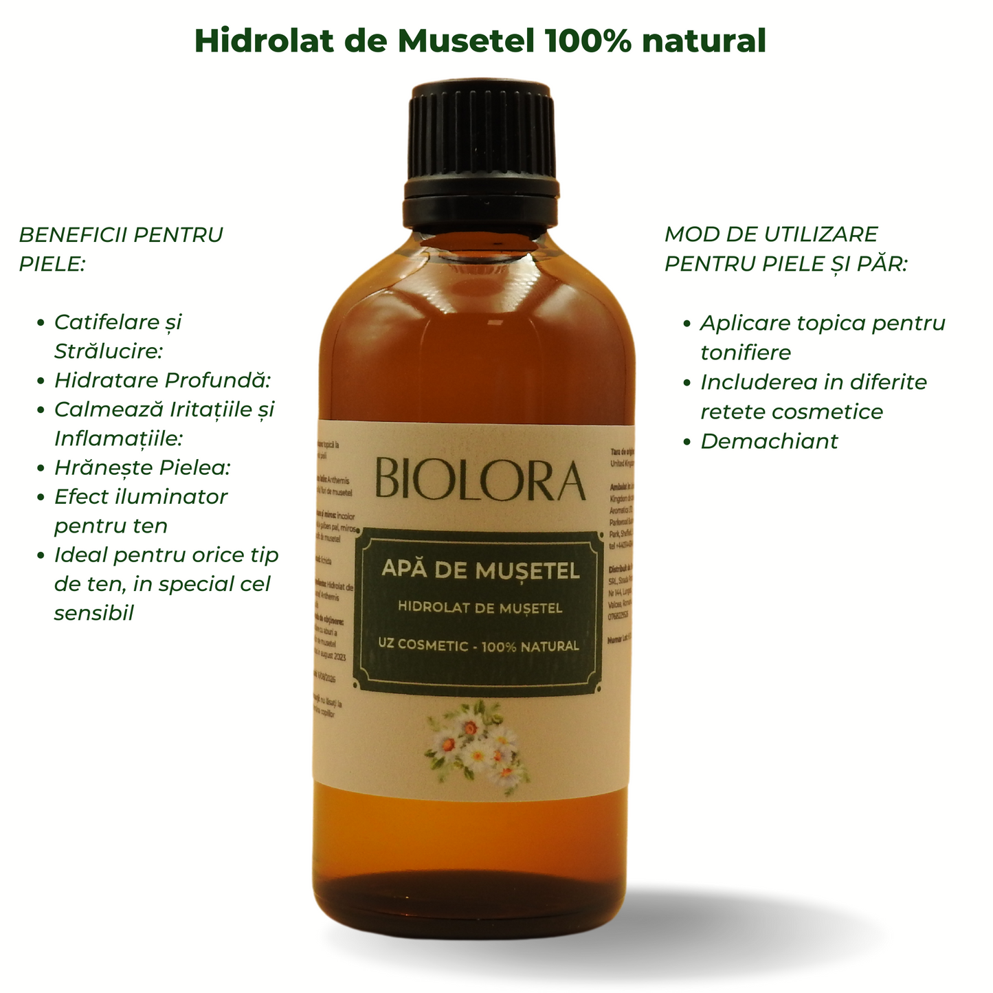 Apa de Musetel/ Hidrolat de Musetel Biolora, 100% natural, uz cosmetic, pentru ingrijirea pielii si a parului, 100 ml