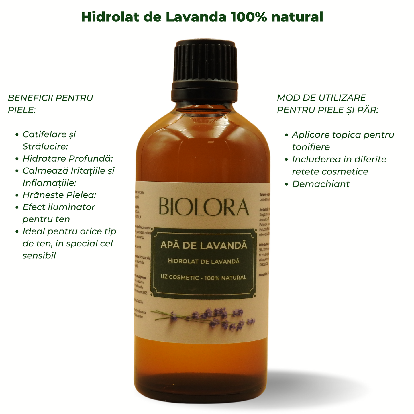 Apa de Lavanda/ Hidrolat de Lavanda Biolora, 100% natural, uz cosmetic, pentru ingrijirea pielii si a parului, 100 ml