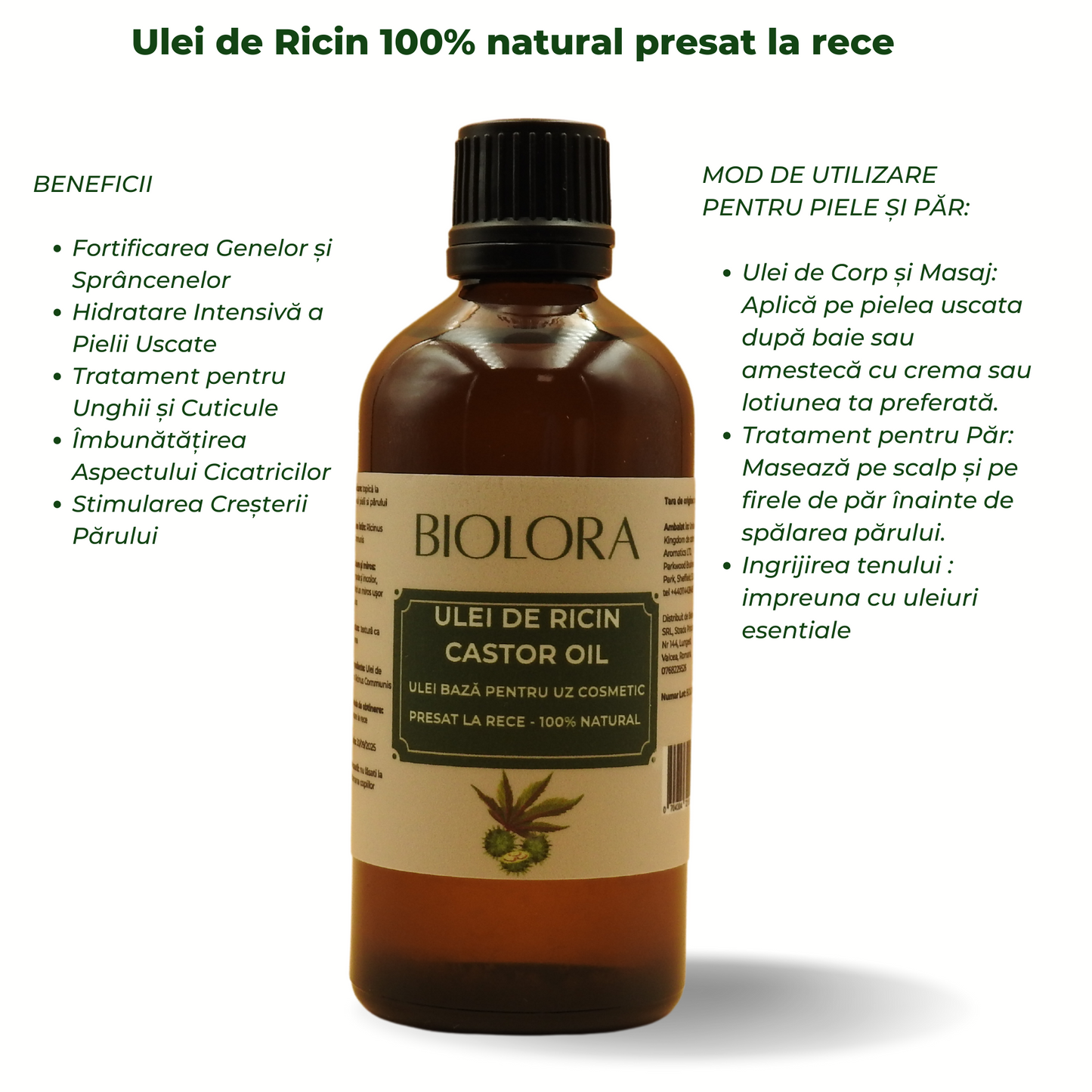 Ulei de Ricin(Castor Oil) Biolora, presat la rece, 100% natural, uz cosmetic, pentru ingrijirea pielii si parului, 100 ml