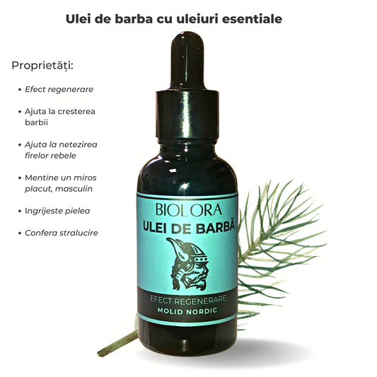 Ulei pentru barba Biolora, aroma Molid Nordic, 30 ml, efect regenerare, cu uleiuri naturale si uleiuri esentiale