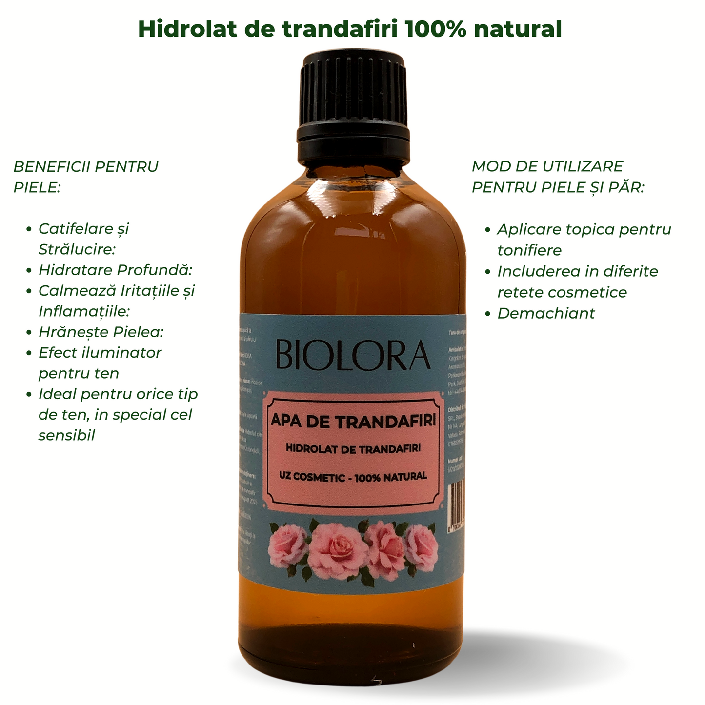 Apa de Trandafiri/ Hidrolat de Trandafiri, 100% natural, uz cosmetic, pentru ingrijirea pielii si a parului, 100 ml
