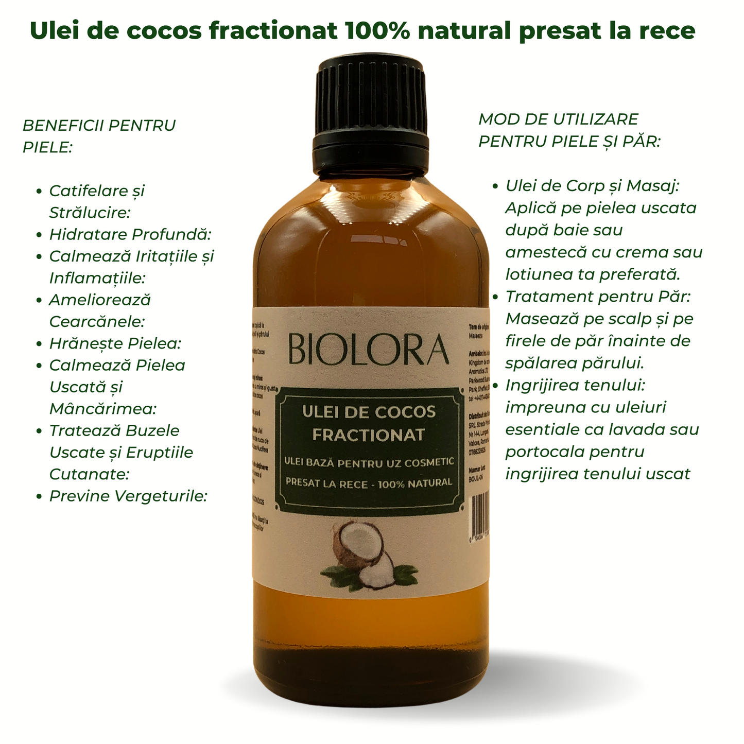 Ulei de Cocos Fractionat, 100% natural, uz cosmetic, pentru ingrijirea pielii si a parului, 100 ml